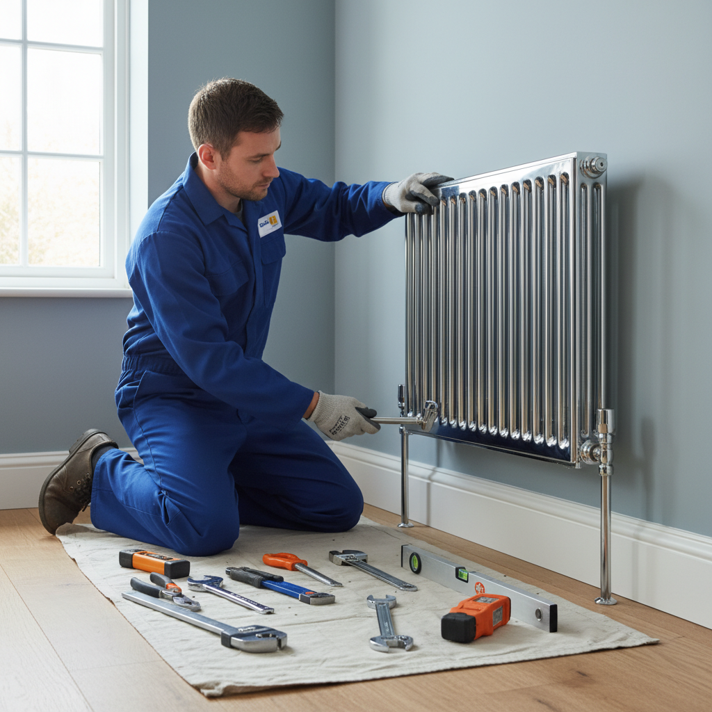 Professional plumber installing radiator in Eastbourne